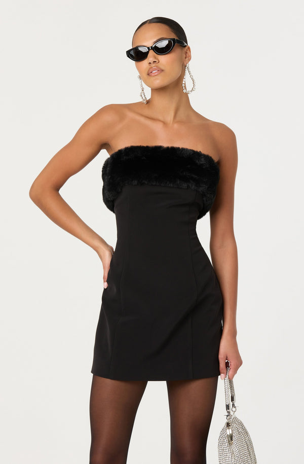 knee length dresses for ladies FAUX-FUR TRIM STRAPLESS MINI DRESS – David Koma