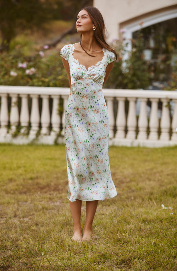 knee length dresses for ladies Makaela Puff Sleeve Floral Satin Midi Dress