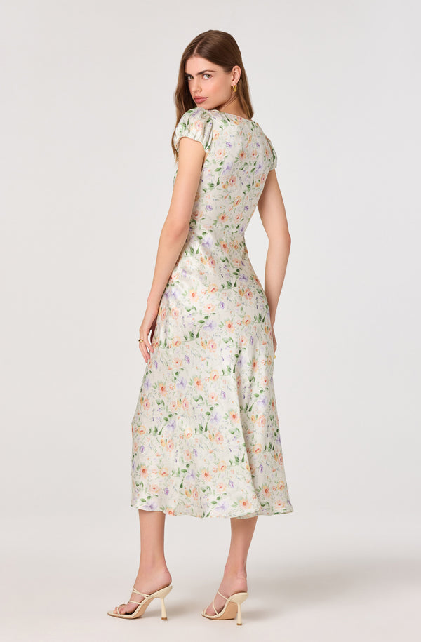 Makaela Puff Sleeve Floral Satin Midi Dress