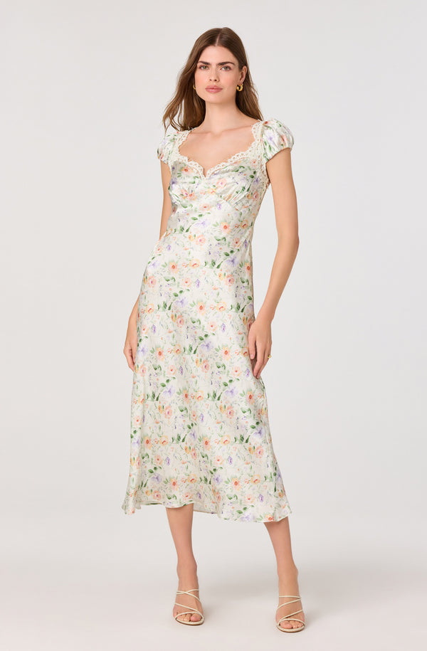 Makaela Puff Sleeve Floral Satin Midi Dress - ASTR the Label