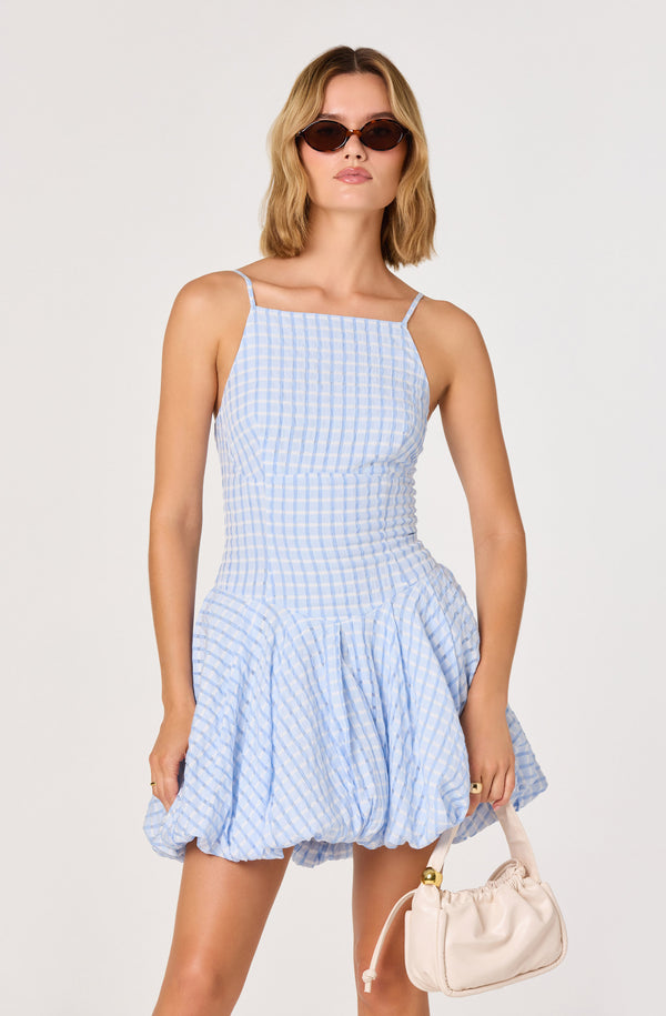 light blue checkered dress Dream-House Swing Dress and Matching Bow in Baby Blue Gingham main image 1