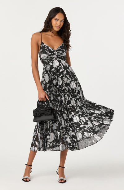 ASTR the Label | Saoirse Metallic Pleated Midi Dress in Black Silver