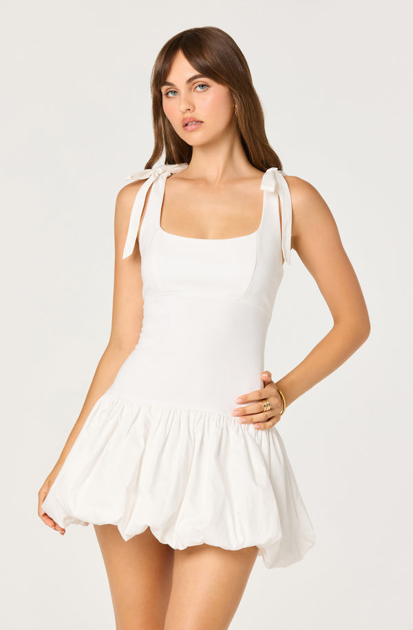 halterneck layered bubble hem corset mini dress in ivory ASTR the Label | Kaci Bow Shoulder Mixed Media Bubble Mini Dress in White