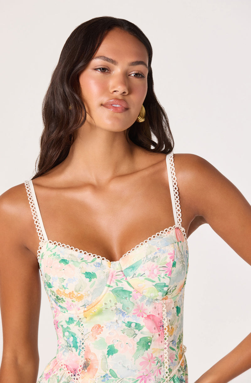 Woman wearing a floral dress with thin, decorative straps.