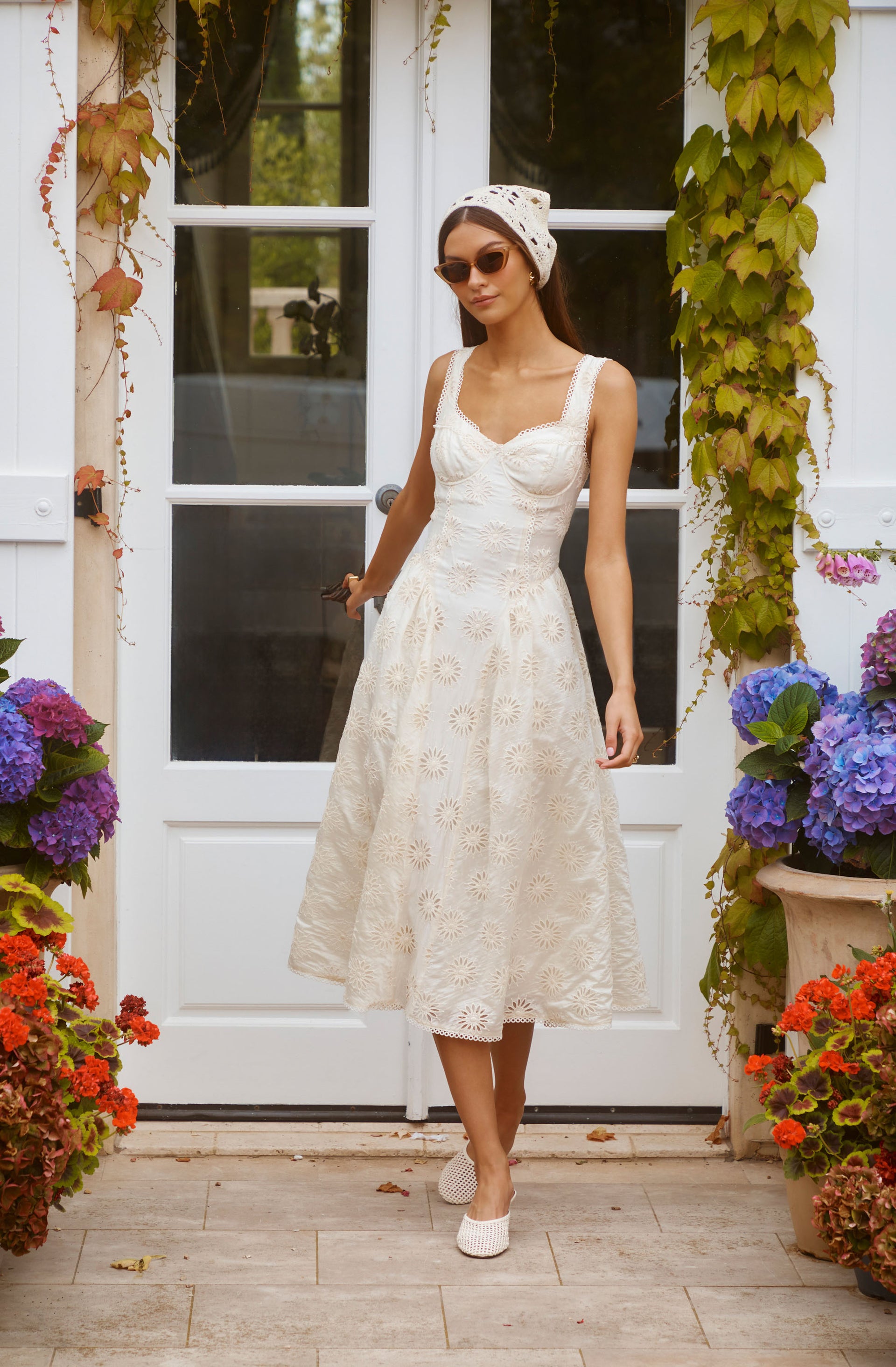 knee length dresses for ladies Caerwyn Eyelet Embroidery Sweetheart Midi Dress