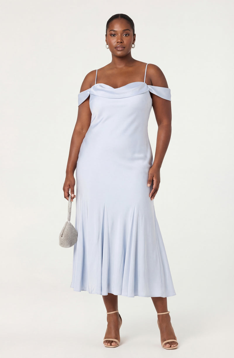 Light blue off-the-shoulder dress with thin spaghetti straps and pleated skirt.