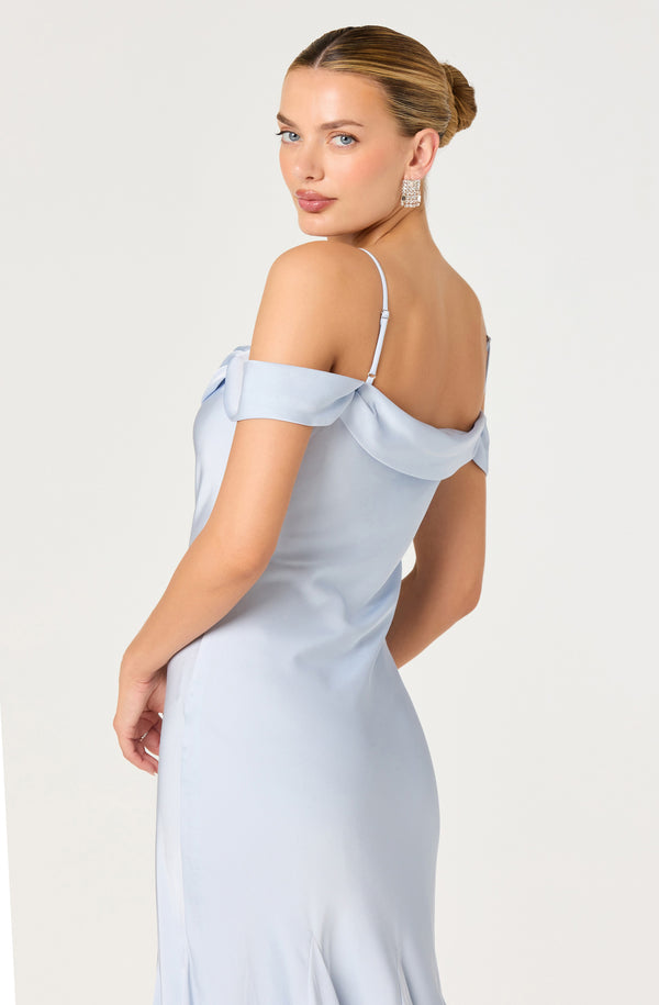 off shoulder dress light blue Araxie Satin Off-Shoulder Godet Midi Dress