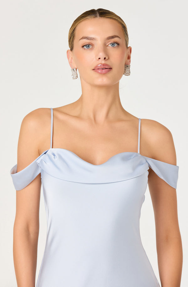 off the shoulder tshirt dress Araxie Satin Off-Shoulder Godet Midi have piece in every Color:Sunbaked Pinkblush Light Pink Chiffon side panel