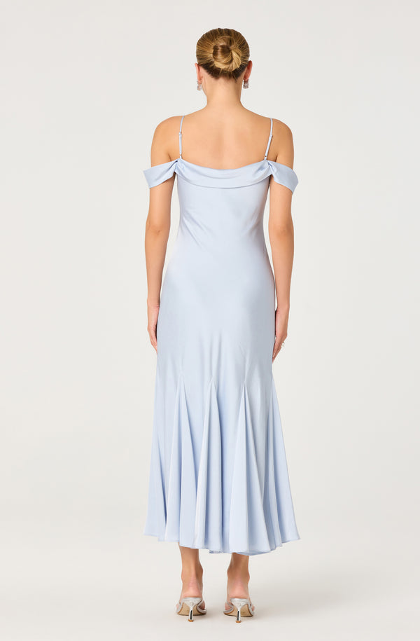 off the shoulder blue midi dress ASTR the Label Araxie Dress