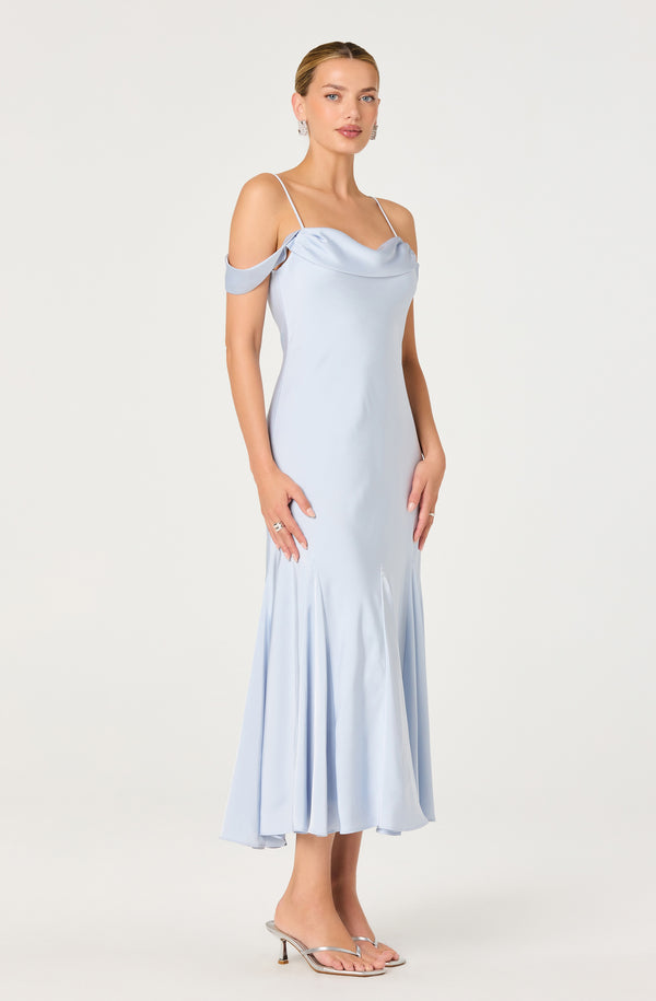 satin off shoulder midi dress ASTR the Label Araxie Dress