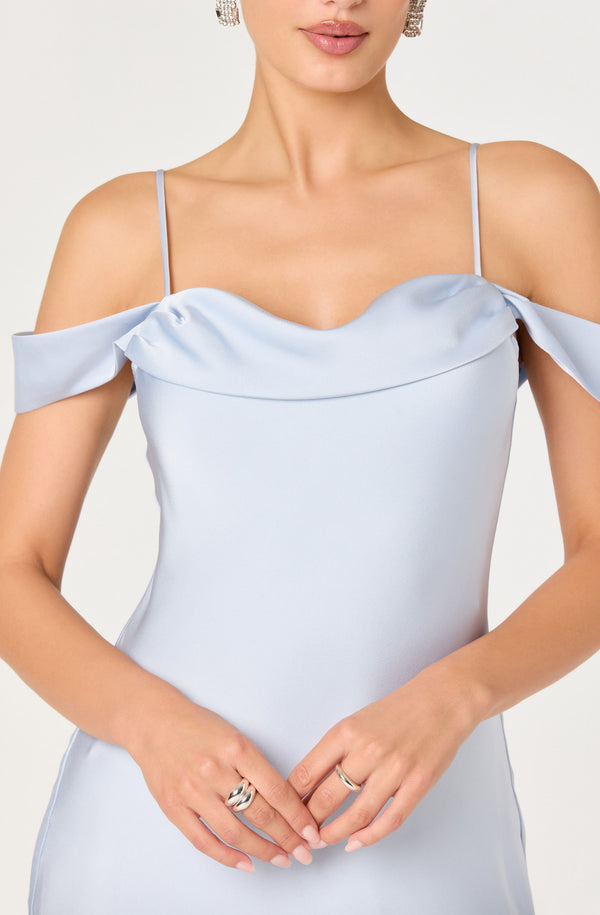 Araxie Satin Off-Shoulder Godet Midi Dress - ASTR the Label Araxie Satin Off-Shoulder Godet Midi Dress - ASTR the Label