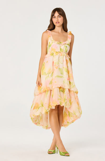 ASTR the Label | Serenidy Floral Ruffle Tiered High-Low Midi Dress in Blush Multi Floral | Size L ASTR the Label | Serenidy Floral Ruffle Tiered High-Low Midi Dress in Blush Multi Floral | Size L