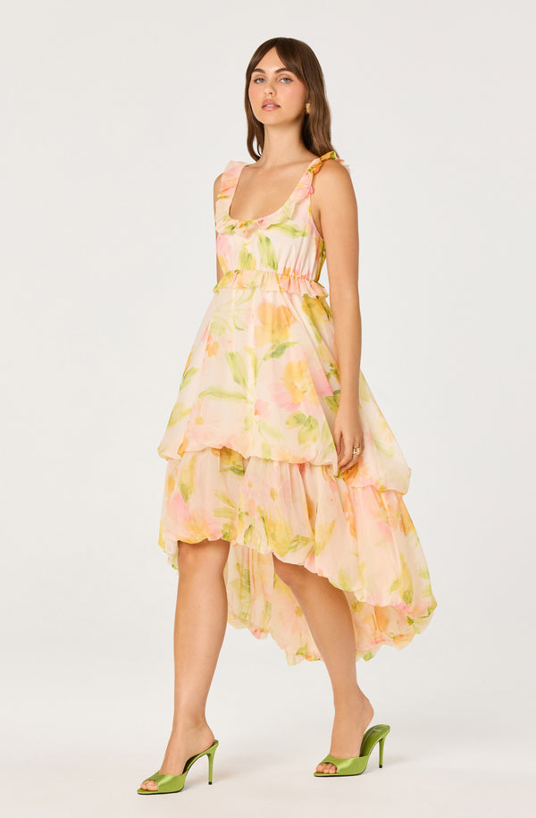 ASTR the Label | Serenidy Floral Ruffle Tiered High-Low Midi Dress in Blush Multi Floral | Size L ASTR the Label | Serenidy Floral Ruffle Tiered High-Low Midi Dress in Blush Multi Floral | Size L