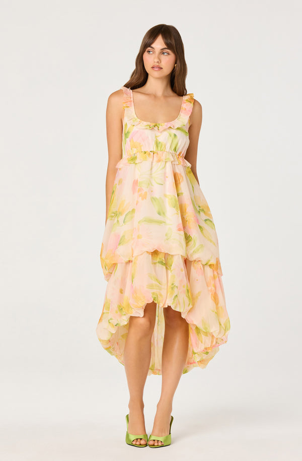 ASTR the Label | Serenidy Floral Ruffle Tiered High-Low Midi Dress in Blush Multi Floral | Size L ASTR the Label | Serenidy Floral Ruffle Tiered High-Low Midi Dress in Blush Multi Floral | Size L