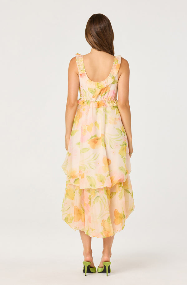 Serenidy Floral Ruffle Tiered High-Low Midi Dress