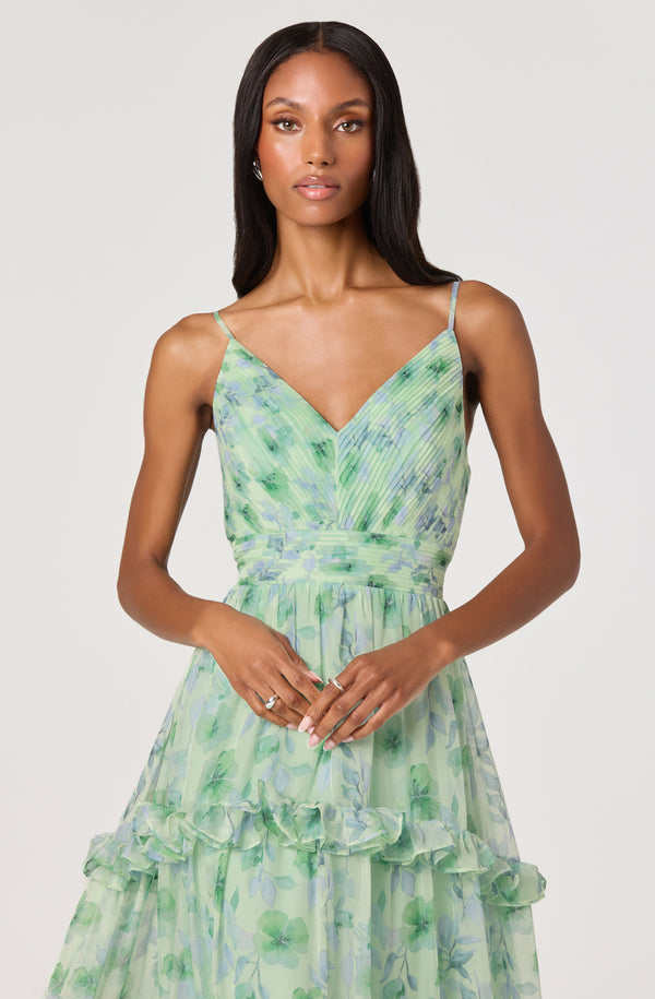 strapless open back dress Ayanna Floral Pleated Tiered Maxi Dress