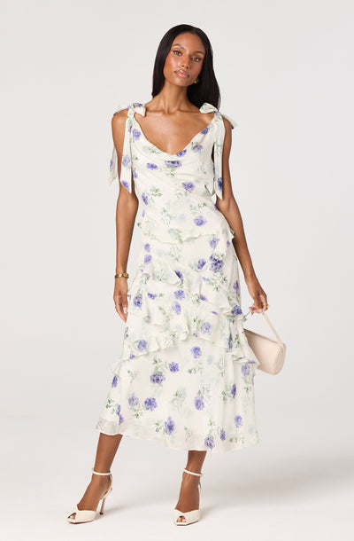 ASTR the Label | Fen Floral Tie-Strap Ruffle Midi Dress in Off White Purple Fl