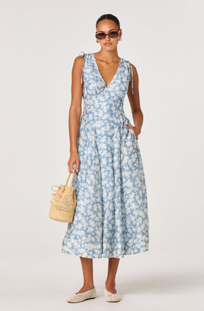 astr the label blue floral dress Emmery Wrap Midi romantic detail Women's Smocked Little Black Style Code:WMN4078-01 NEST Leader Solid