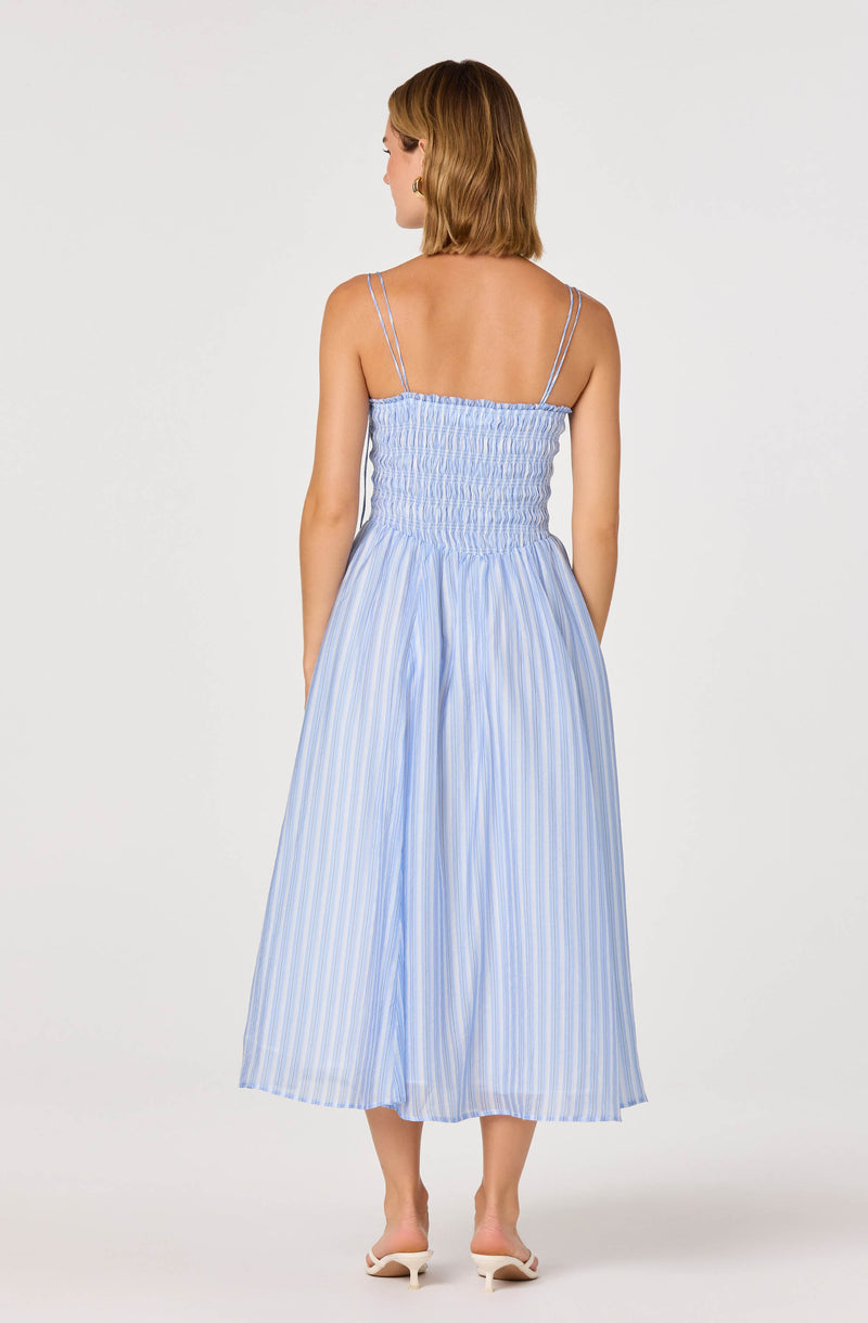 Light blue and white striped maxi dress with spaghetti straps and gathered bodice.
