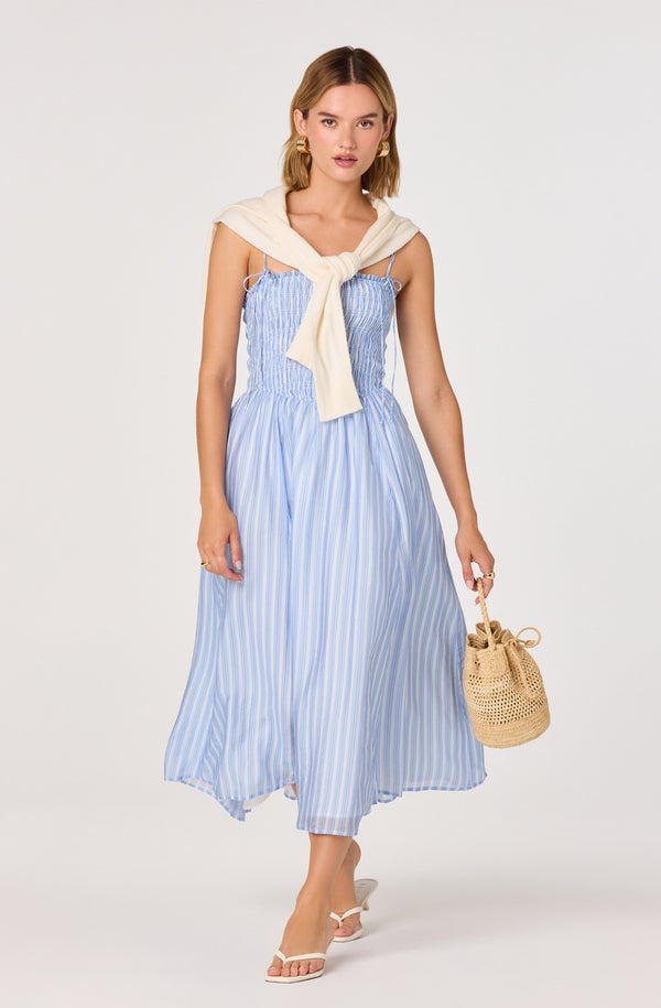 ASTR the Label | Lahela Smocked Midi Dress in Blue Stripe | Size XL