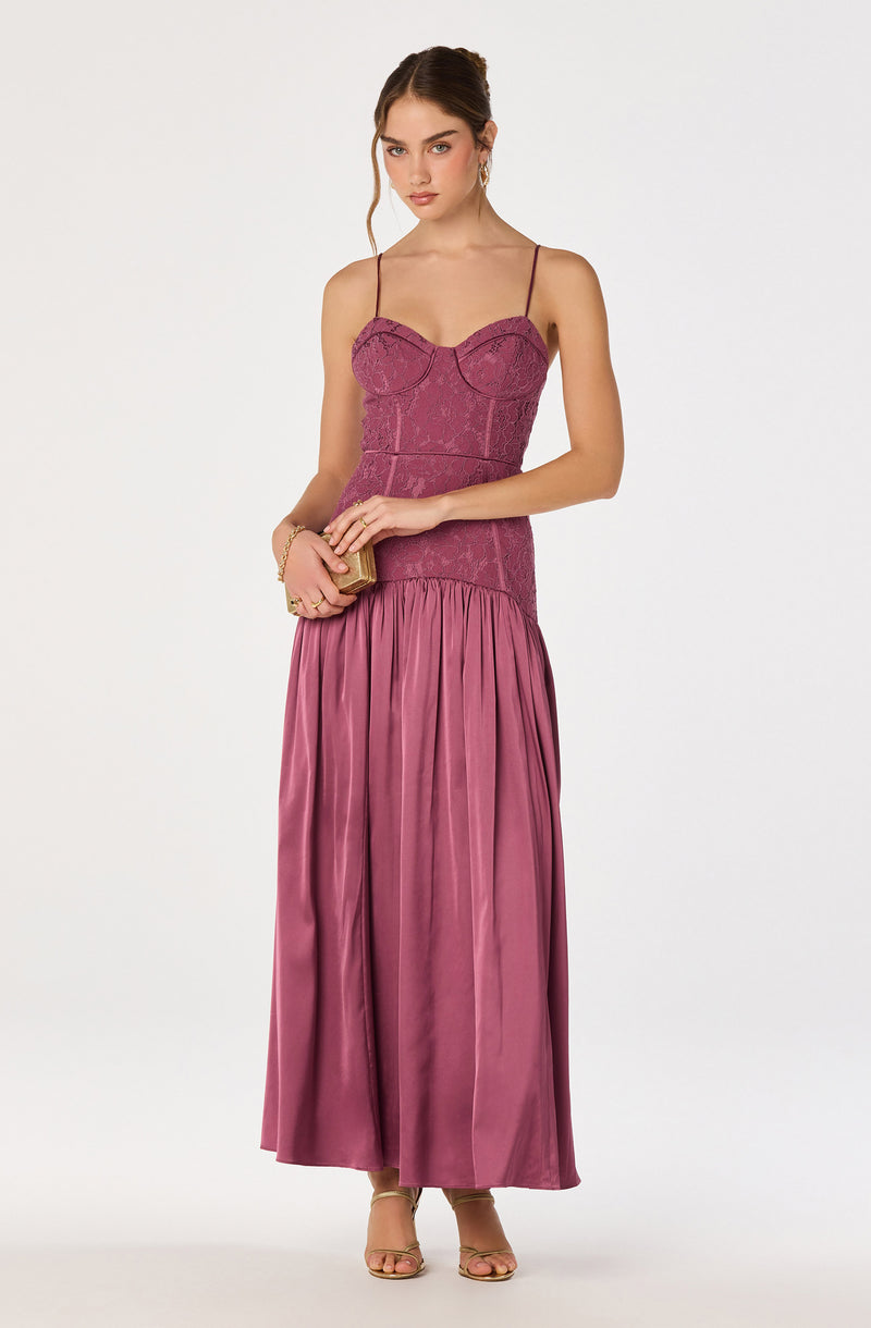 Pink lace and satin floor-length gown with spaghetti straps and a fitted bodice.