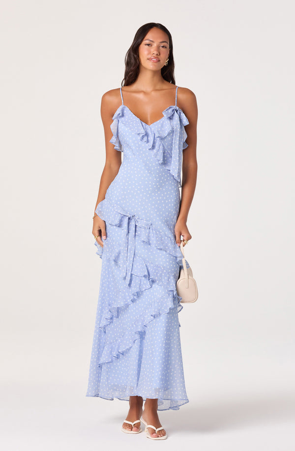 ASTR the Label | Amiya Chiffon Maxi Dress in Blue Polka Dot | size S ASTR the Label | Amiya Chiffon Maxi Dress in Blue Polka Dot | size S