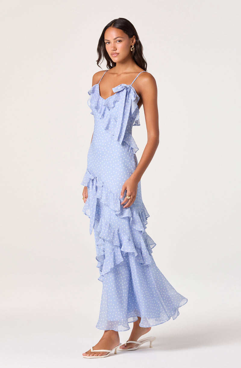 Light blue polka dot maxi dress with ruffles and spaghetti straps.