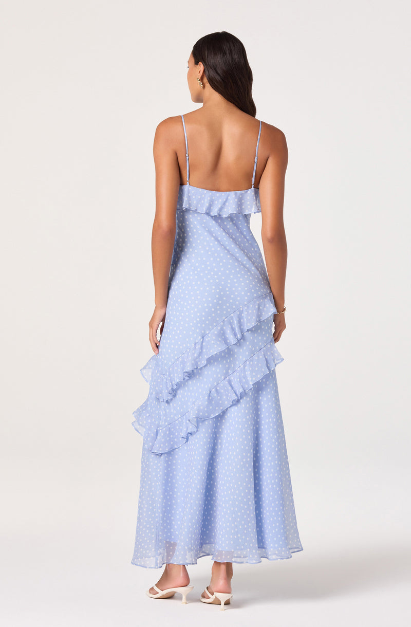 Light blue polka dot maxi dress with spaghetti straps and ruffle accents.