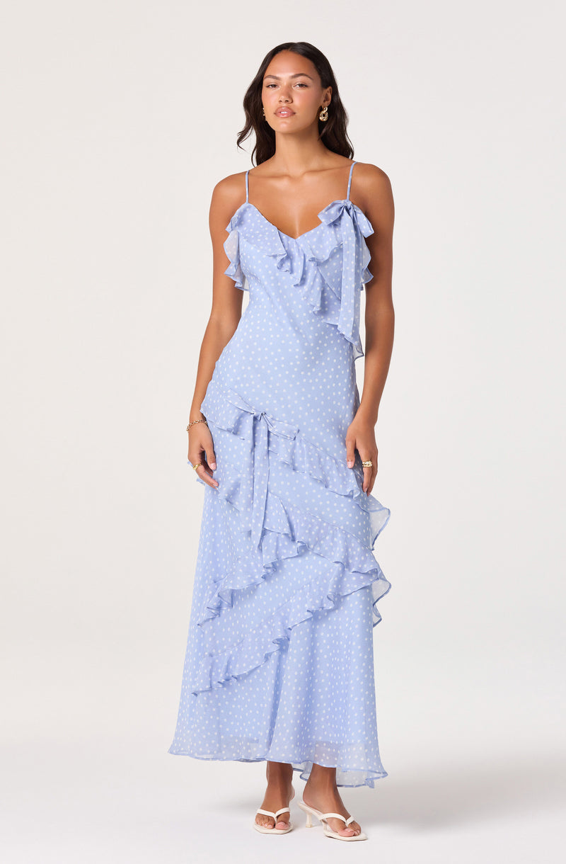 Light blue polka dot dress with ruffles and thin straps.