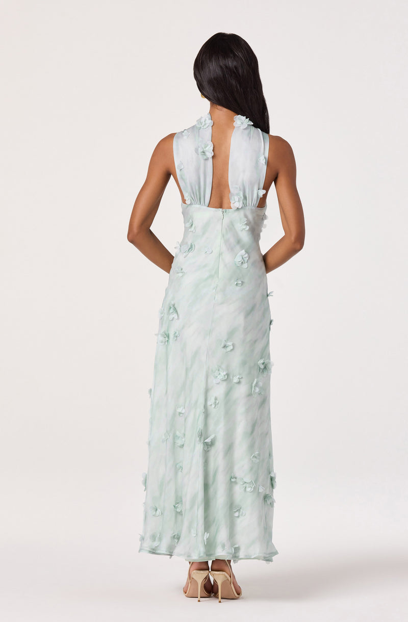 Light green sleeveless gown with floral appliqué details, open back, and flowing length.