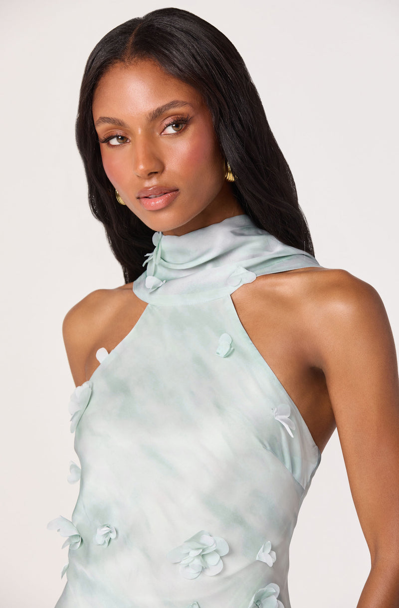 Light gray sleeveless dress with floral embellishments and a high, ruffled neckline.