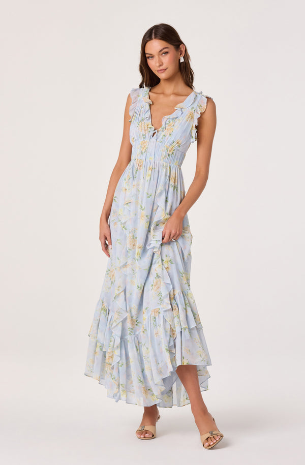 blue and white ruffle maxi dress Frannie Vertical Ruffle Maxi Dress Floral Blue