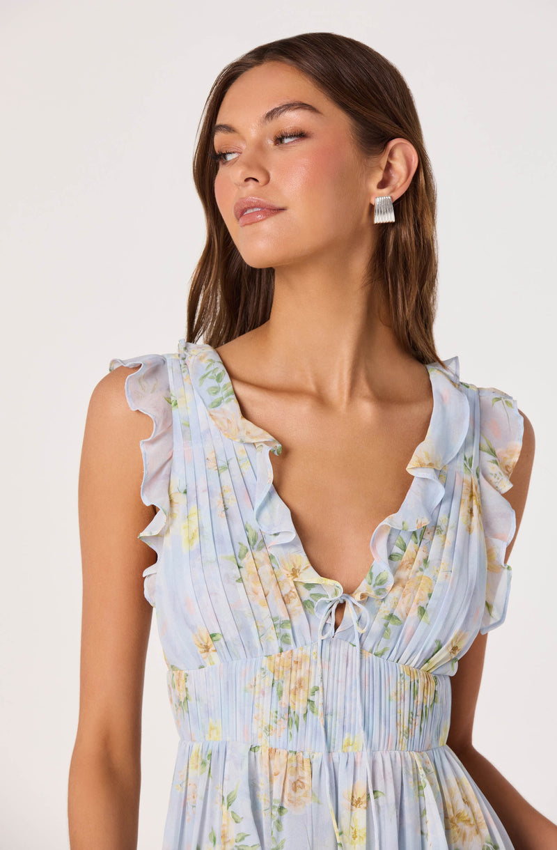 Woman wearing a light blue floral dress with ruffled sleeves and a tie front, and large silver earrings.