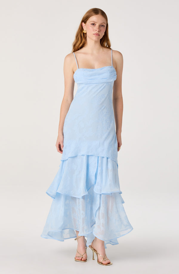 aubrey ruffle dress in light blue Allison Tiered Maxi The perfect mini dress Collection:Rowanbeck Jaded London ENYA BACKLESS Color:Champagne/Gold