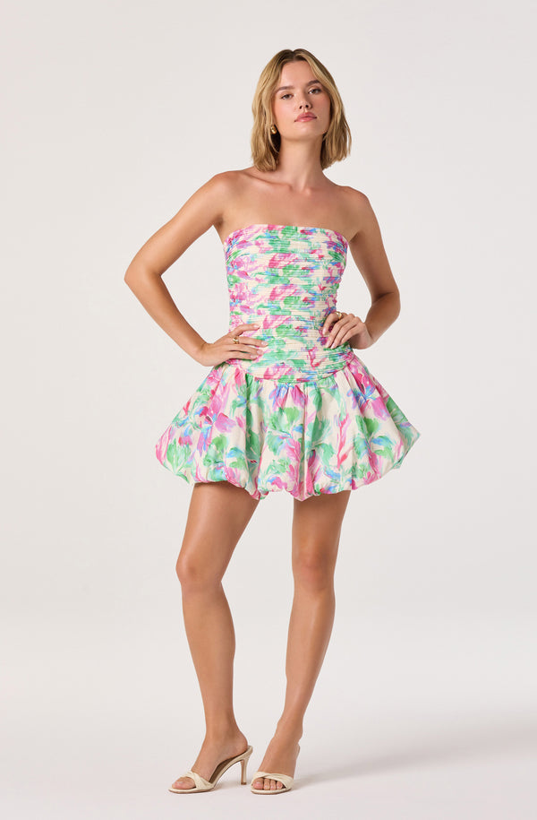 strapless floral mini dress Ella Strapless Bubble Hem Mini Dress