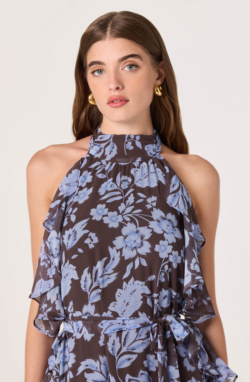 Sleeveless dress with a blue floral pattern and ruffled details around the neckline and waist.