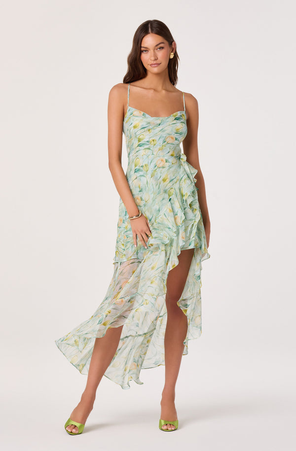 Candace Cowl Neck High-Low Chiffon Dress
