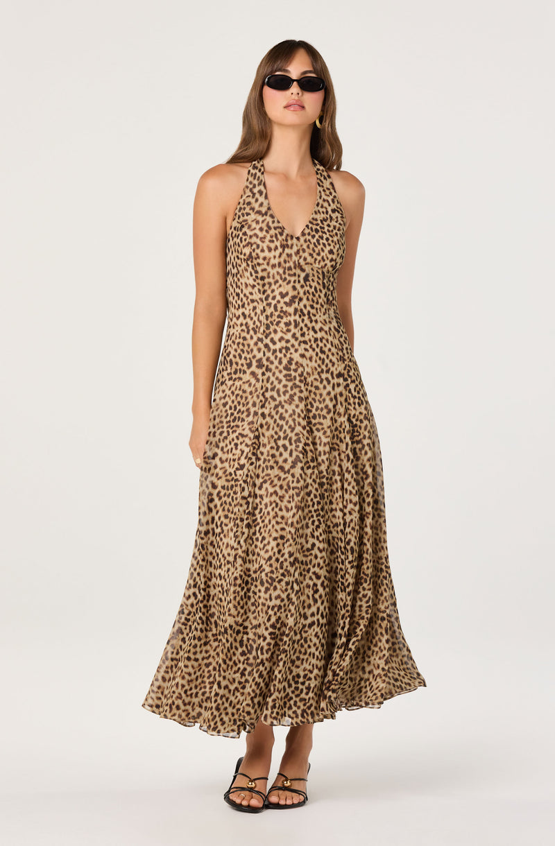 Woman wearing a sleeveless, leopard print maxi dress with a V-neck.