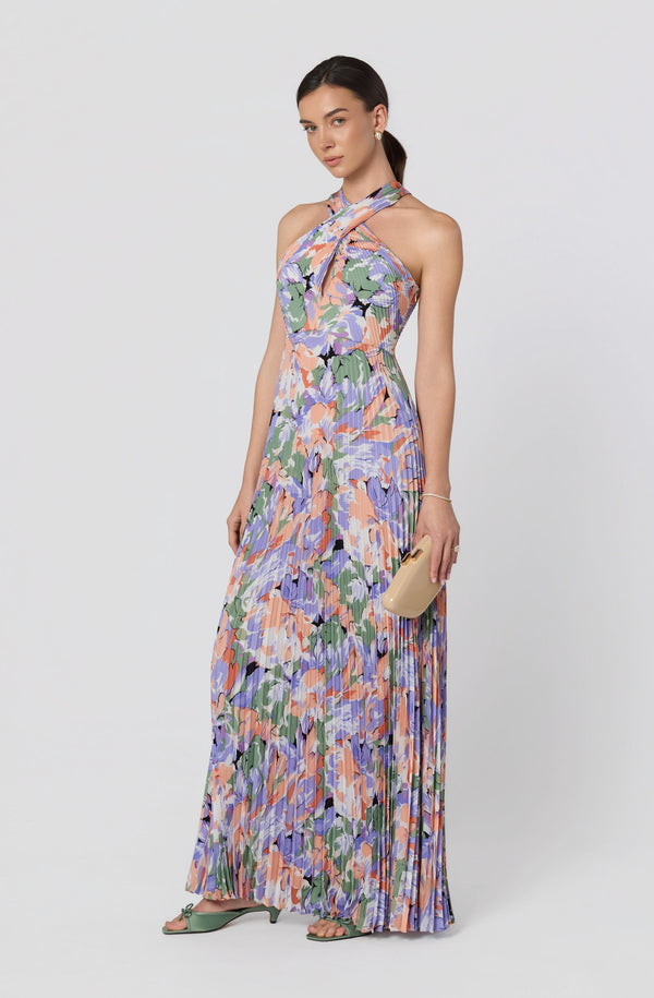 Samantha Floral Halter Pleated Gown - ASTR the Label