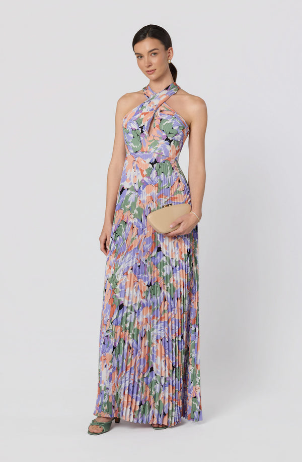 fitted lace wedding dress Samantha Floral Halter Pleated Gown