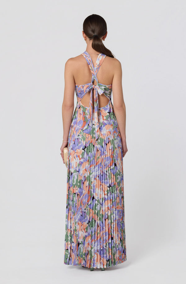 strapless open back dress Samantha Floral Halter Pleated Gown