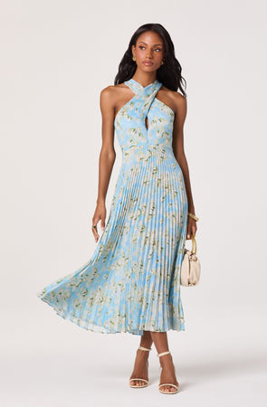 ASTR the Label | Samantha Plissé Halter Midi Dress in Blue Floral