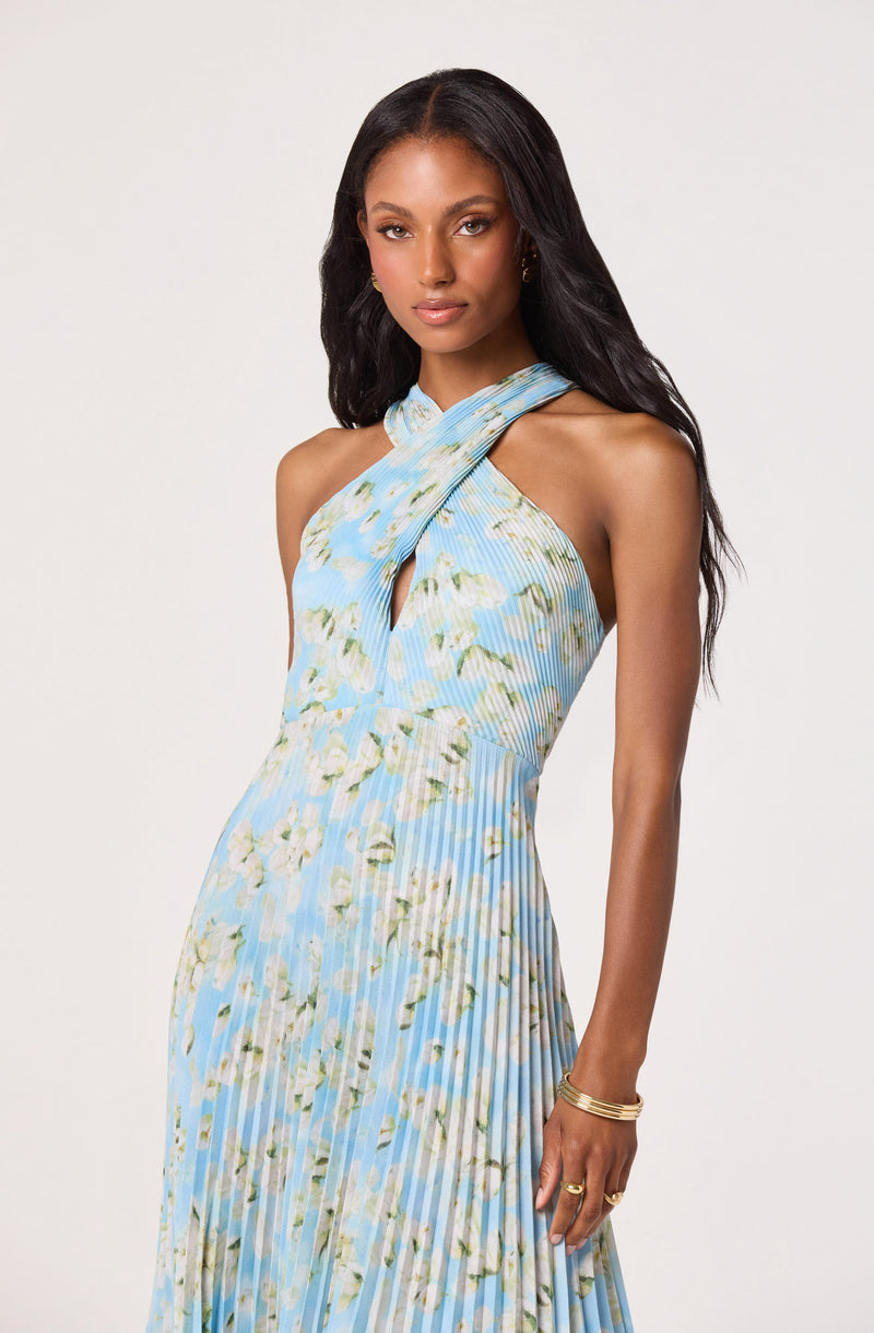 Woman in a sleeveless, pleated, light blue floral dress with a twisted neckline.