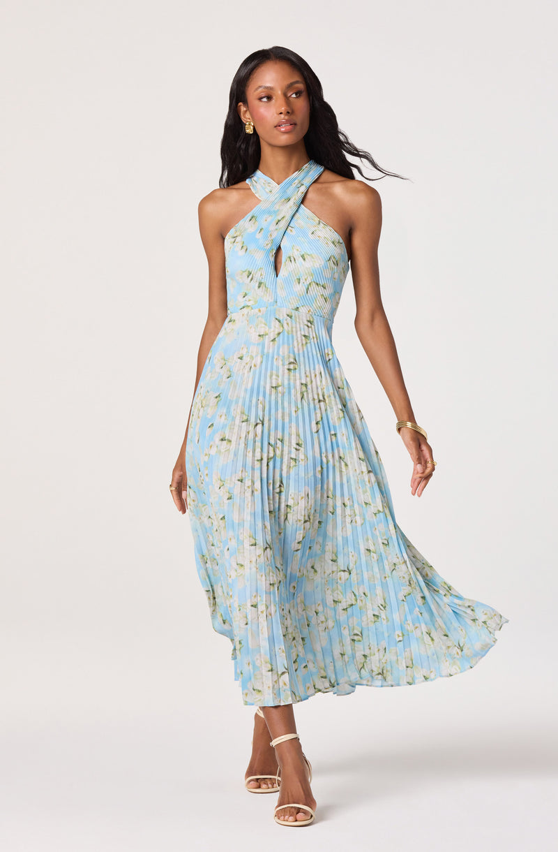 Light blue floral pleated halter dress with a keyhole neckline.
