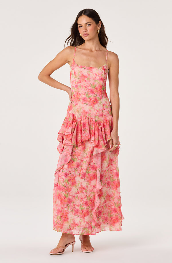floral ruffle chiffon asymmetric maxi dress Blue Floral Ruffle Chiffon Asymmetric Maxi Dress