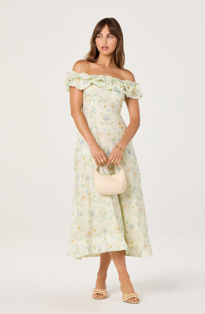 alannah maxi dress ASTR the Label | Alannah Off-Shoulder Floral Midi Dress in Pale Yellow Floral