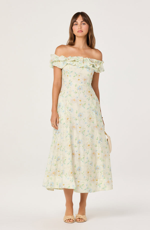 ASTR the Label | Alannah Off-Shoulder Floral Midi Dress in Pale Yellow Floral ASTR the Label | Alannah Off-Shoulder Floral Midi Dress in Pale Yellow Floral