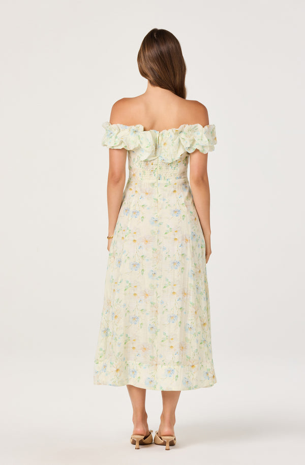 ASTR the Label | Alannah Off-Shoulder Floral Midi Dress in Pale Yellow Floral | Size M