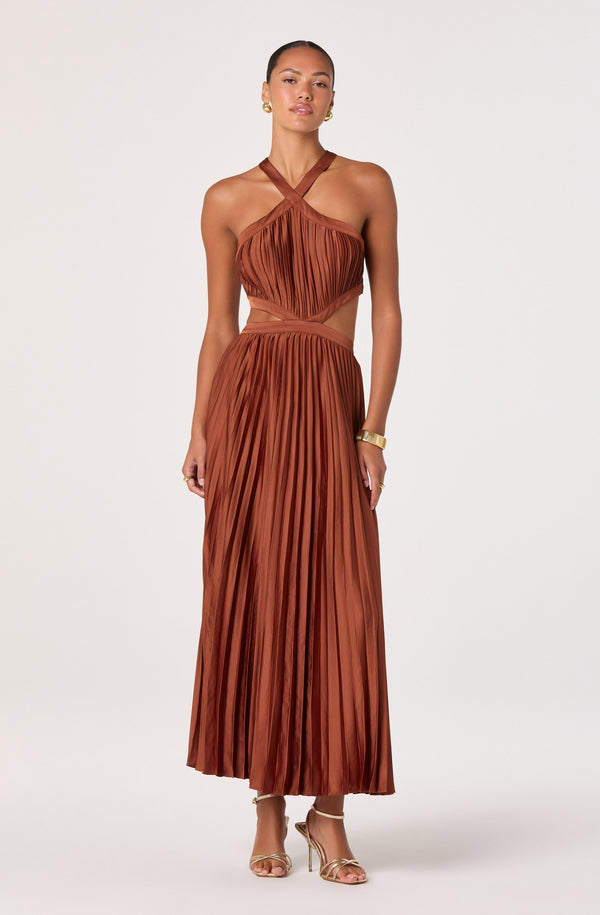 ASTR the Label | Vera Cutout High-Neck Satin Maxi Dress in Rust