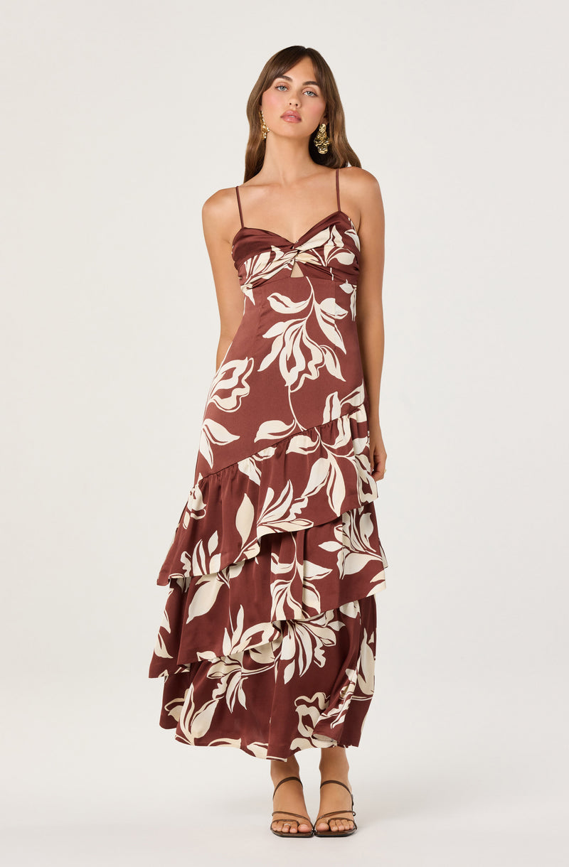Maxi dress with thin spaghetti straps, brown with white floral print, ruffled layered skirt.